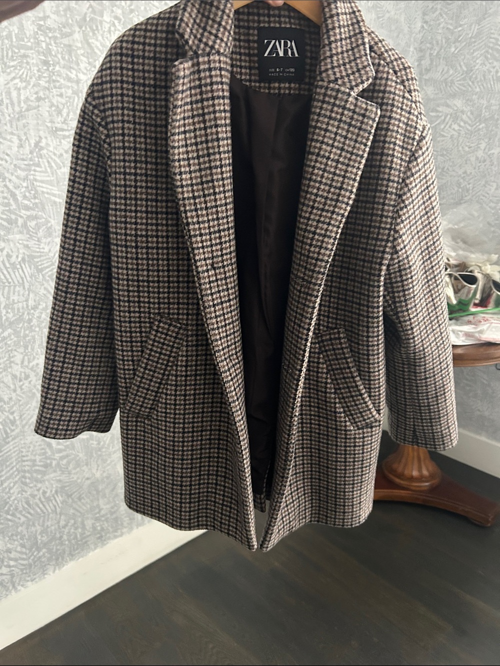 ZARA Brown & Cream Checked Wool-Blend Pea Coat